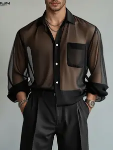 INCERUN Men Shirt Solid Chiffon Lapel Long Sleeve See Through Men Clothing Loose Sexy Streetwear Fashion Casual Camisas Tops Men Menswear