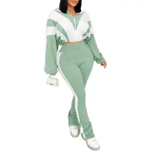 Women’s Two-Piece Color-Block Long-Sleeve Zip-Up Cropped Jacket with Drawstring, Form-Fitting Long Pants Sweatsuit