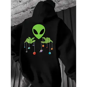 Men's Alien Planetary Hoodie - Black Back Print Sweatshirt with Green Aliens, Machine Washable Hooded Sweater for Sci-Fi Fans & Everyday Casual Wear, Fall Clothing, Playful Design, Durable Fabric