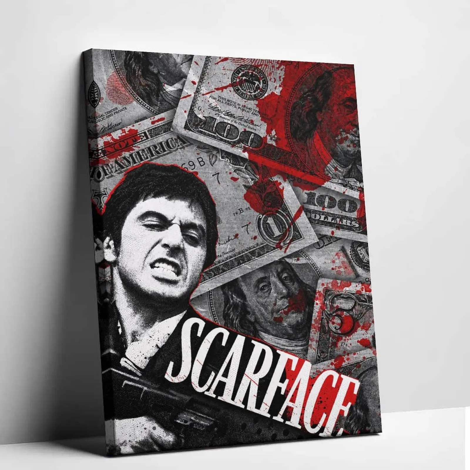 Scarface Tony Montana Canvas Wall Art Bloody Money Gangster Movie Poster Pop Art Hustle Motivation Artwork Streetwear Canvas Print Modern Bedroom Man Cave Living Room Home Interior Wall Decoration Centerpiece