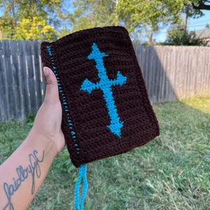 Crochet4Yah Custom Fitted Cross Bible Cover with Bookmark Tassels - Perfect for Home and Office
