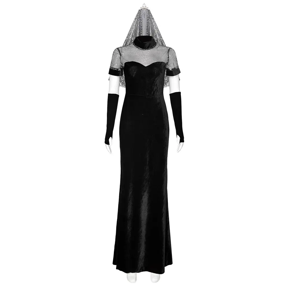 Mavis Black Velvet Wedding Dress Cosplay Costume Set with Spider Web Veil Gloves for Comic Con