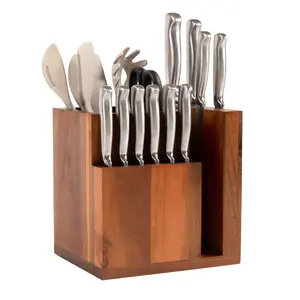 Acacia Magnetic Knife Block and Cooking Utensil Holder, Sleek Storage for Chefs Knives, Steak Knives, Spatulas, Scissors, Non-Slip Rubber Feet, Easy to Clean, Kitchen Countertop Organizer