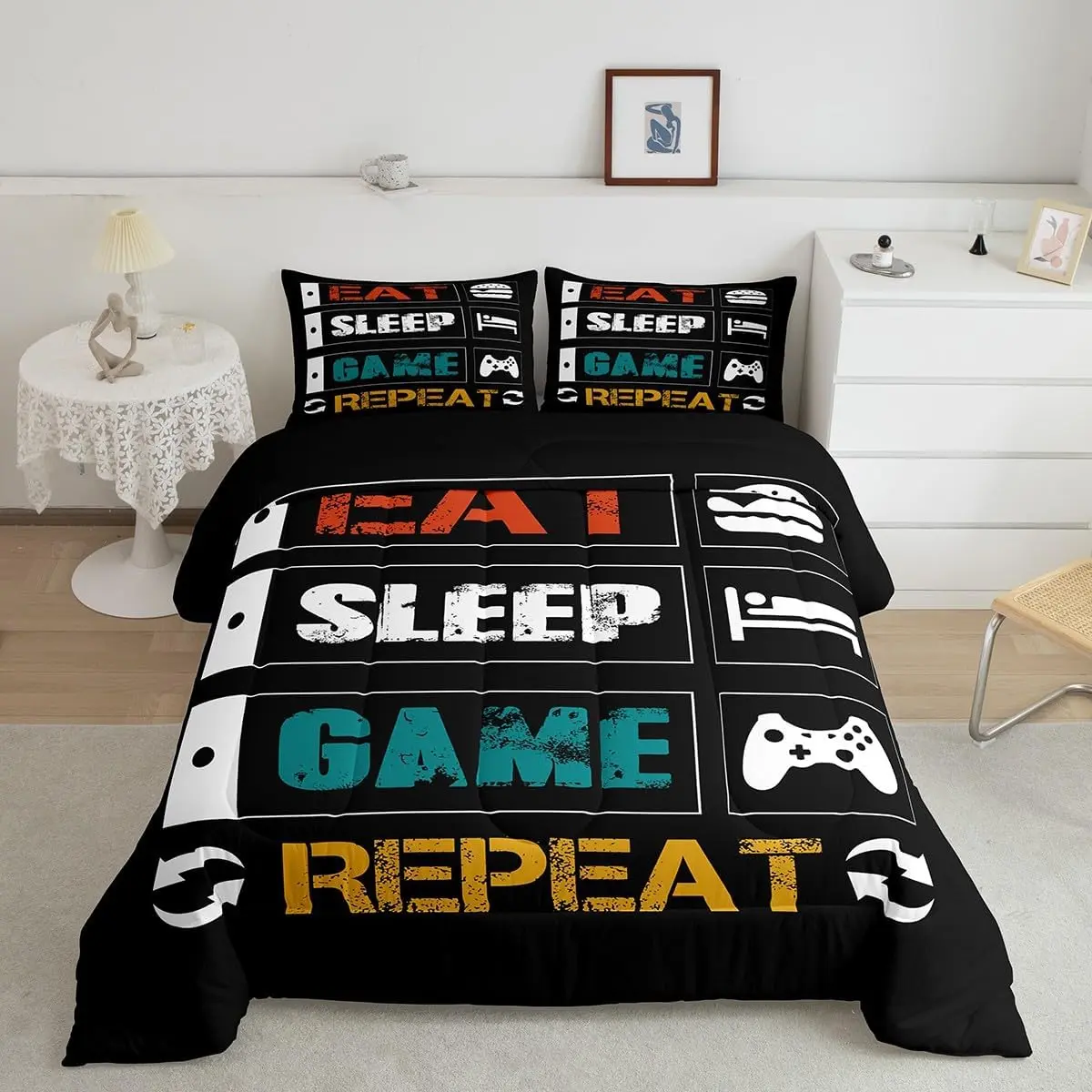 Gamer Luxury Comforter Set, Video Game Controller Design Quilt, Funny Eat Sleep Game Repeat Decorative Bedroom Bedding Set, Decorative Bedding Set