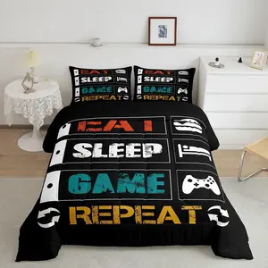 Gamer Designer Comforter Set,Gaming Luxury Bedding Set,Video Games Controller Comforter,Funny Creative Eat Sleep Game Repeat Design Quilt Sets