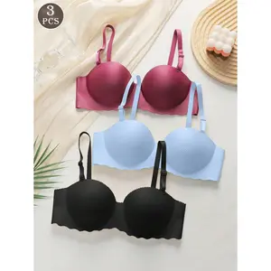 3PCS Women's Small Chest Push UP Bra, Seamless & Wireless Bra, Strapless Bras, Comfortable & Breathable Sexy Lingerie With Soft Thick Cup, Solid Color Simple Daily Wear Bra, Back-Closure Sports Underwear With Adjustable & Detachable Shoulder Straps viral