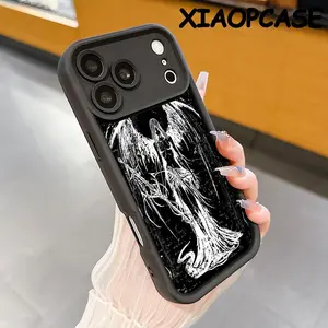 Black Silk Fallen Angel Pattern Design Soft silicone Case for iPhone 17 Pro Max Air 16 15 14 Plus 13 12 11 Straight Edge Drop-Resistant Rugged Durable Cover Shell Gift 2D printing