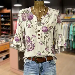 Cherrybetty 100% Cotton Vintage Floral Print Notch Neck Ruffle Sleeve Blouse Sweety Essential Comfort Elegant Outfits Outfit Inspo Going Out Tops