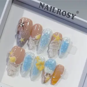 10pcs Handmade Press on Nails Middle Short Almond Nail Supplies, Cute Fake Nail Tips for Wedding Birthday Party Christmas Winter Fall