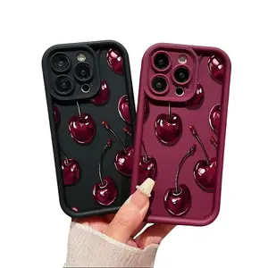 Sexy Wine Cherry Pattern Phone Case , Soft Silicone Tpu Protection and Shockproof For iPhone 17 16 15 Pro Max 14 16Pro 13 12 11 X Plus Air Mini 17E Girl