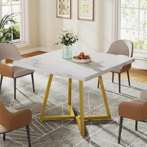 LustreC Square Dining Table for 2, 31.5" Modern Dinner Table with Metal Base, Kitchen Table for Dining Room, Small Space, Apartment, White & Gold