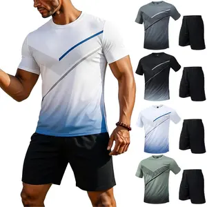 Men's 3PCS Workout Outfit, Quick Dry Athletic T-Shirt and Shorts Set, Moisture Wicking Gym Running Training Activewear, Breathable Gradient Sports Suit for Men