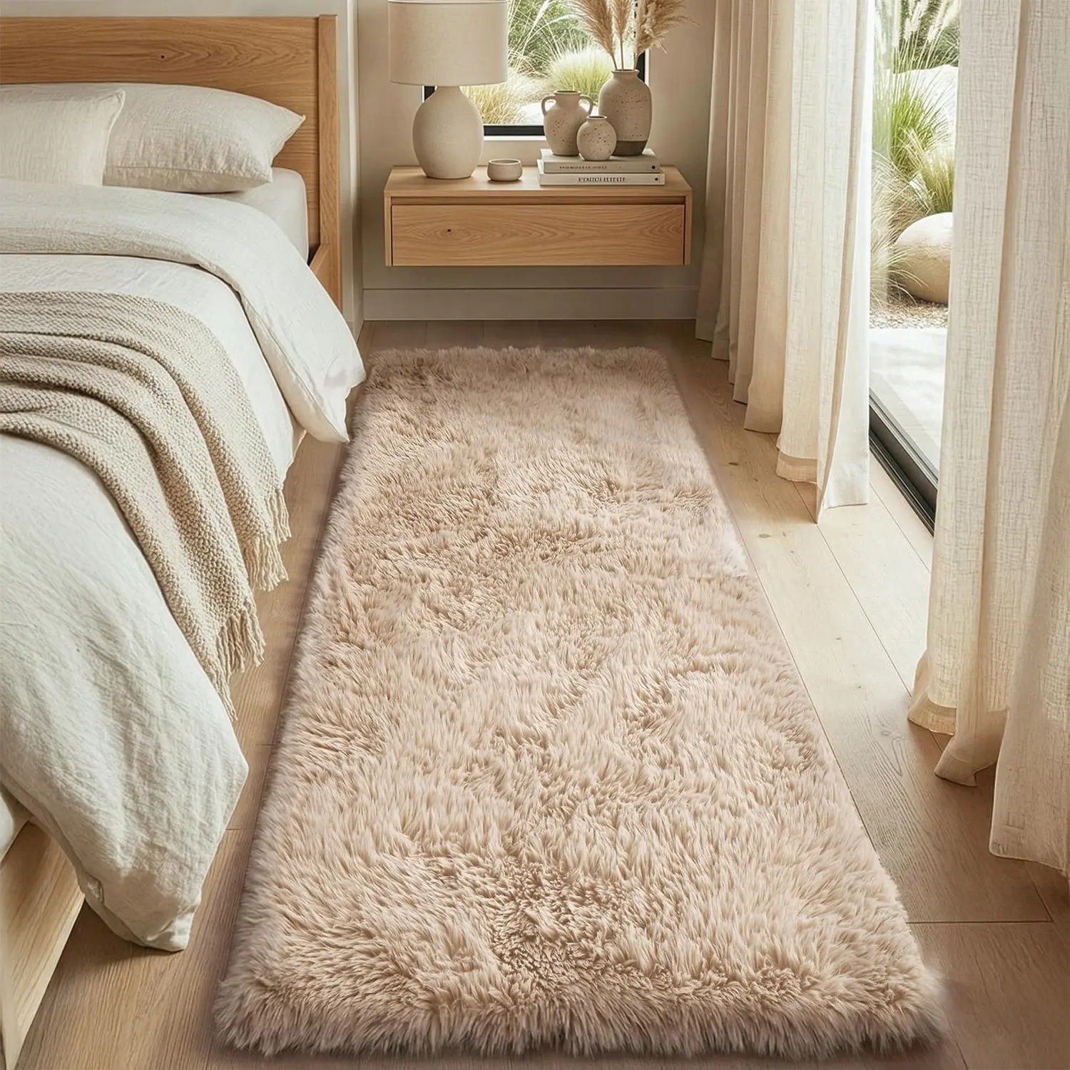 DEXI Polyester Shaggy Pile Runner Rug, 2x6 Washable Non-Slip Minimalist Carpet, Cozy Home Aesthetic Neutral Bedside Rugs for Hallway Bedroom Entryway