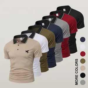 Men’s polo shirt with a turn-down collar; summer polo shirt featuring a contrasting collar with printed decoration; slim fit, quick-drying, lightweight short sleeves; breathable men’s casual top for everyday wear and office attire.