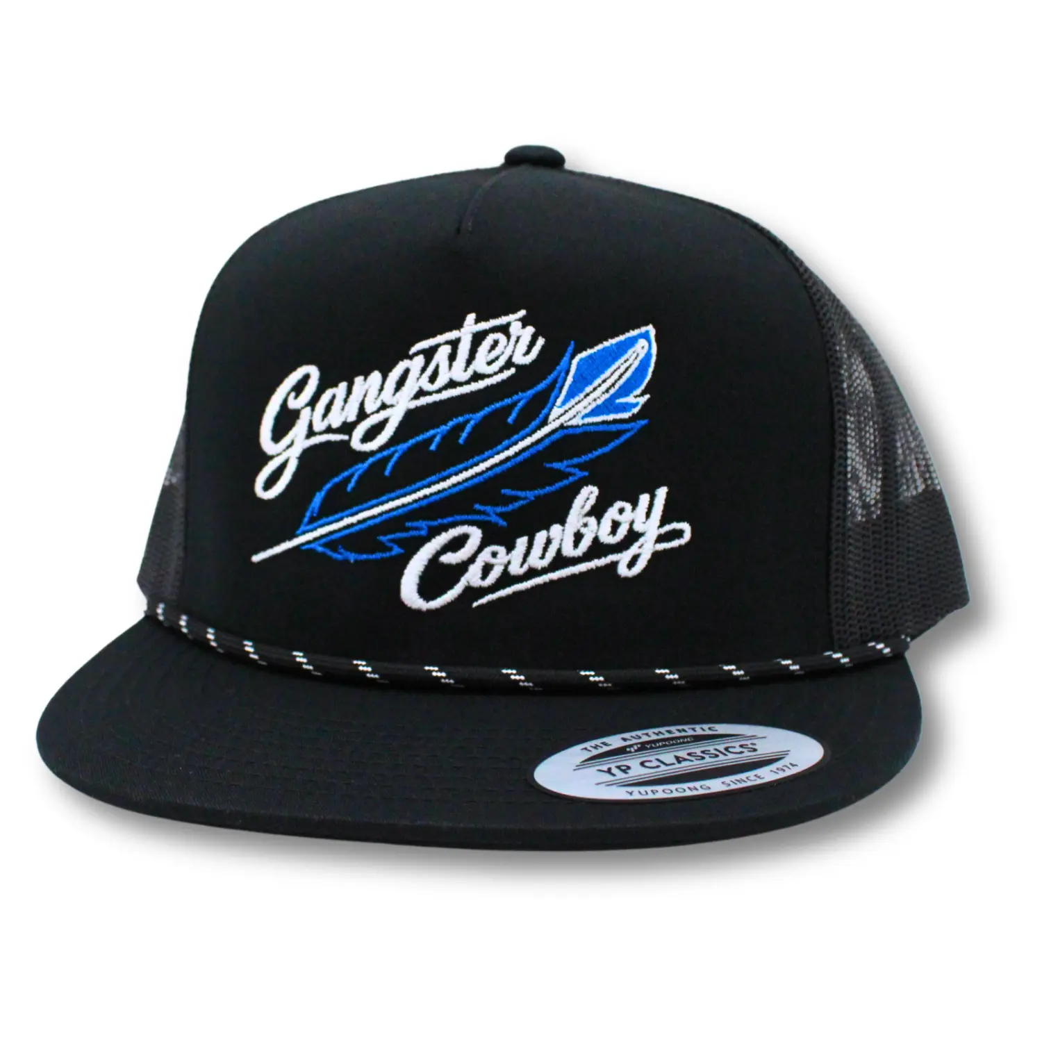 The Feather- Black, Blue, and White. Yupoong Classic Snapback. Gangster Cowboy Official Product