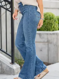 Women's Stretchy High-Waisted Denim Pants - Straight Leg, Boyfriend, Bootcut, Flare, Bell Bottom Styles - Womenswear with Versatile Fit