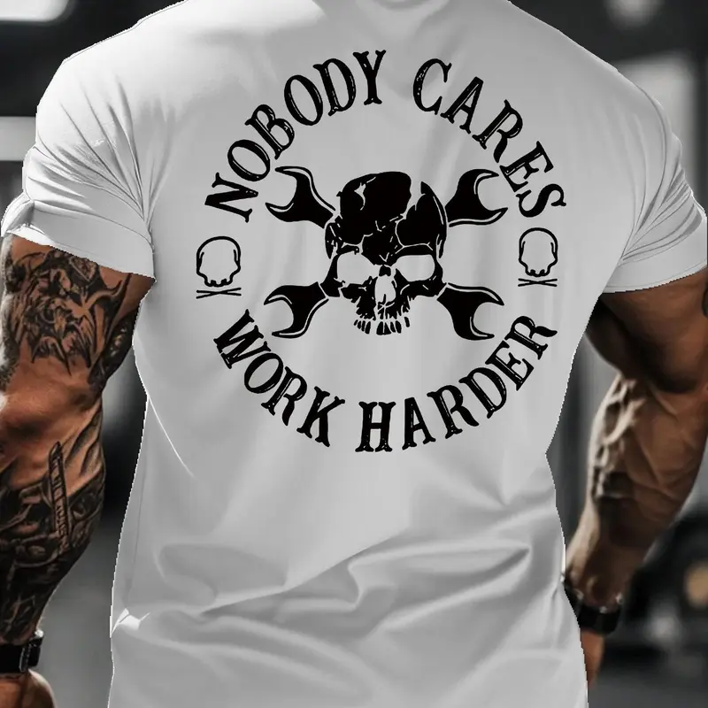 Men’s Cotton Crewneck Workout Top - "NOBODY CARES WORK HARDER" Skull Wrench Slogan Print, Casual Menswear, Skin-Friendly Lightweight Breathable Short Sleeve Regular Fit, Unisex Sports Tee for Gym, Streetwear, Gifts for Him