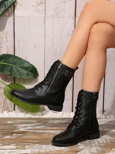 Vintage Lace-Up Boots for Women, Side Zipper Buckle Low Heel Short Boots, Autumn Winter British Style Classic Soft Leather Anti-Slip Work Boots