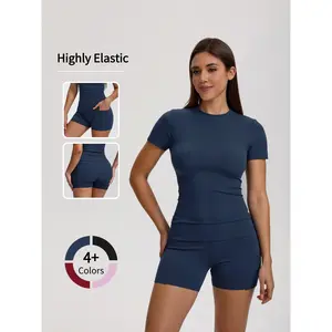 Women's 2-Piece Set Stretchy T-Shirt & Slim Fit Shorts Quick Dry Fabric for Gym Running High Stretch Spandex Activewear with Side Pockets