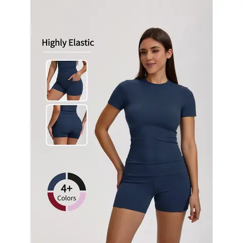 Women's 2-Piece Activewear Set - High-Stretch Solid Tee, Slim-Fit Pocketed Quick-Dry Above-the-Knee Gym Shorts, Gym Sets for Women, Running & Fitness Outfits