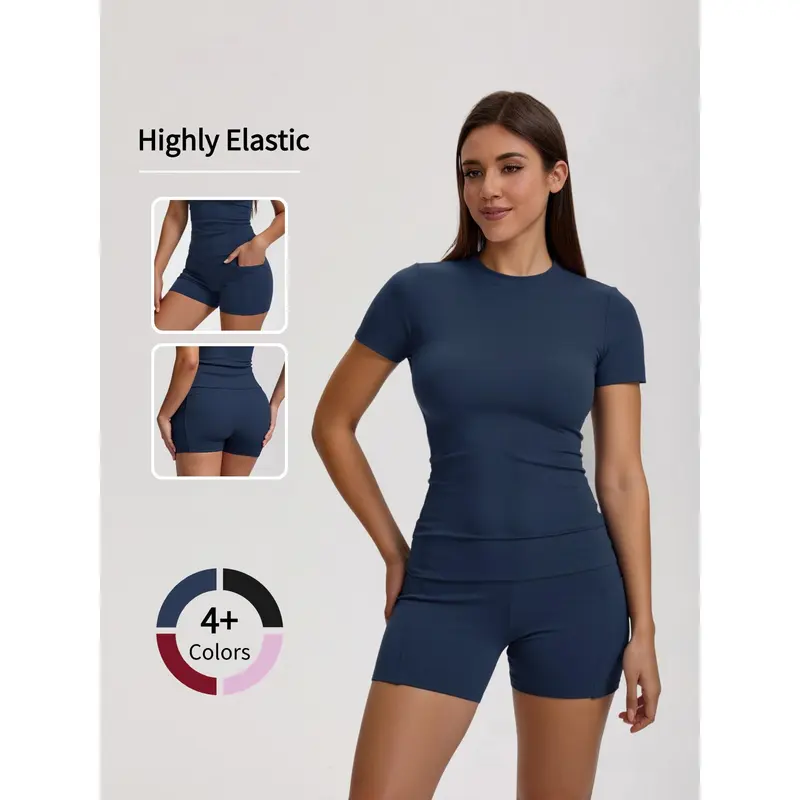 Women's 2-Piece Activewear Set - High-Stretch Solid Tee, Slim-Fit Pocketed Quick-Dry Above-the-Knee Gym Shorts, Gym Sets for Women, Running & Fitness Outfits