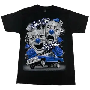 Sanlan Blue Smile Now Cry Later Low Rider Old School T Shirt Menswear Cotton 100% Silk Screen Crewneck Streetwear Top - Tshirt, Man, Tropical Shortsleeve Casual