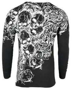 Affliction Xtreme Couture Men's ACCUSER Skull Biker MMA Black Thermal Shirt X1963I Crew Neck Long Sleeve Pullover 100% Cotton Menswear Graphics