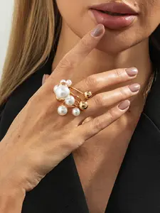 Vintage Creative Fashion Metal Abstract Open Ring, Artificial Pearl Teardrop Pendant, Casual Jewelry for Women, Party & Gift, Statement Rings