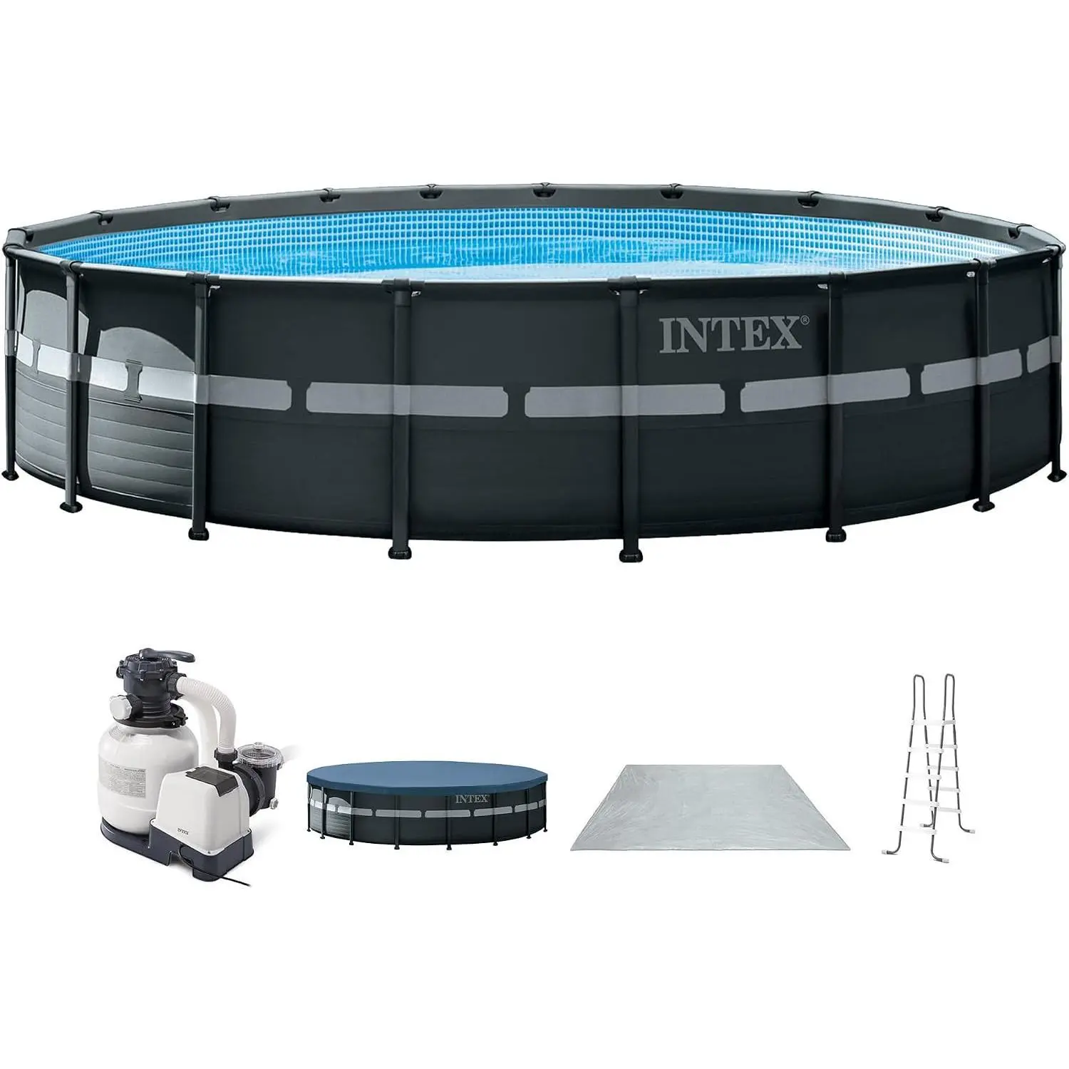 NHIOVTGINTEX Ultra XTR 18ft x 52in Round Above Ground Swimming Pool Set w/Pump | 26329EP - 2100 GPH Sand Filter Pump, Ladder, Pool Cover & Ground Cloth Included - Strong Galvanized Steel FrameDFG