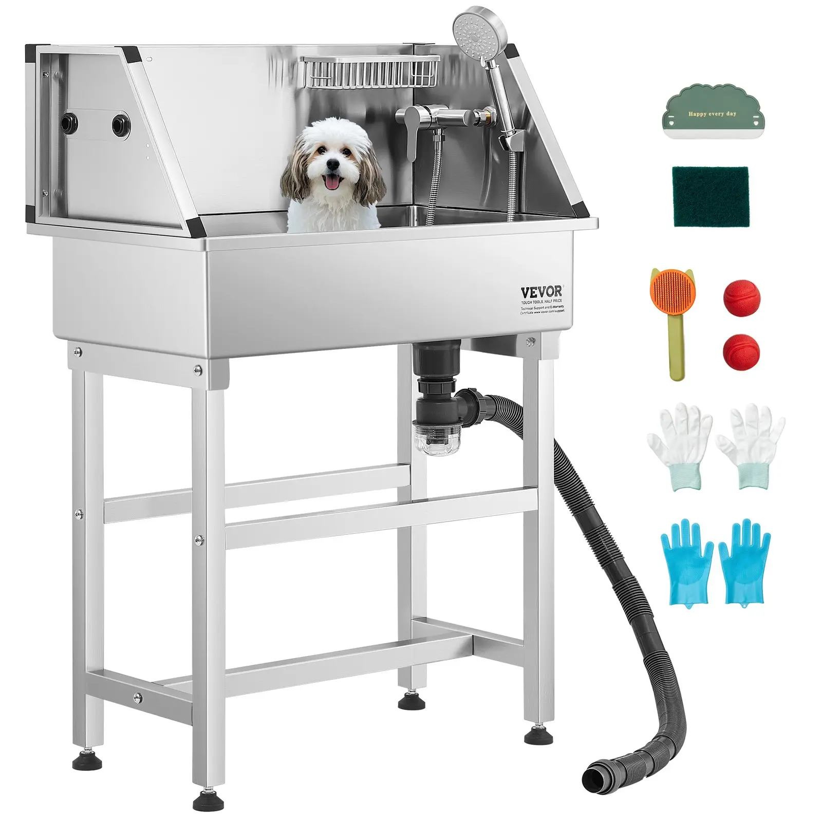 VEVOR 34 Inch Stainless Steel Dog Washing Station, Pet Grooming Tub with Hot & Cold Faucet, Showerhead, Storage Rack, No-Bend All-in-One Bathtub, Home Wash Sink, Fits Small Cats and Dogs