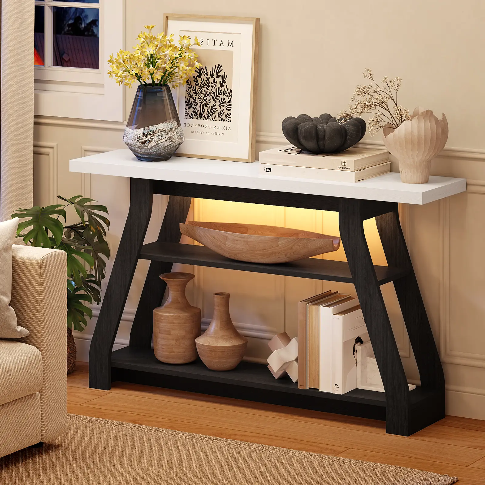 55"-Width Farmhouse Rectangular Console Table - Narrow 2-Tier Foyer Accent Desk, Waterproof Wood Frame, Scratchproof Surface, Storage Shelves, Video Guide, Assembly Required, Rectangle Table for Living Room & Entryway Decor