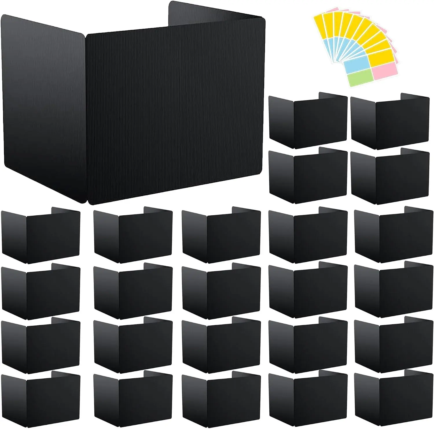 24 Pack Black Waterproof Plastic Desk Dividers Privacy Shields Study Carrel Boards for Classroom Students Teacher Supplies, Includes 48 Extra Labels