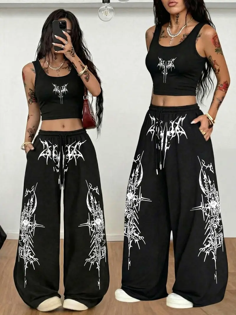 Women's Casual Streetwear Set, Fitted Sleeveless Crop Top and Straight Leg Pants, Gothic Thorn Graffiti Print, All Seasons Fashion