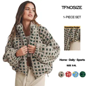 TFNOSIZE Women's Sherpa Plaid Short Jacket - Cozy Wool Coat with Drawstring Design, Long Sleeve Casual Style, Festive Christmas Color Design