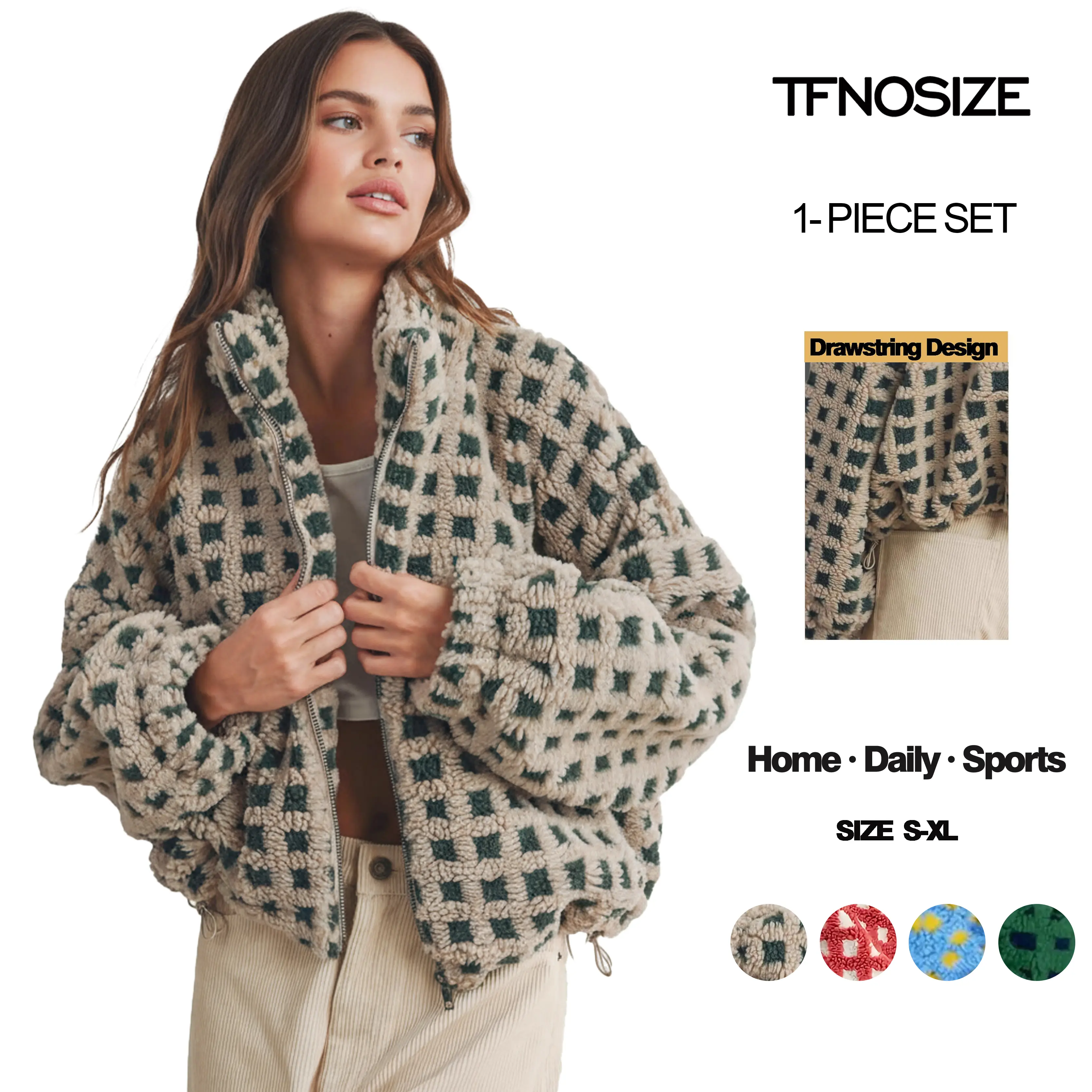 TFNOSIZE Women's Fitted Collared Sherpa Plaid Long-Sleeve Short Jacket - Comfortable Wool Style, Drawstring, Everyday Casual Christmas Festive Top