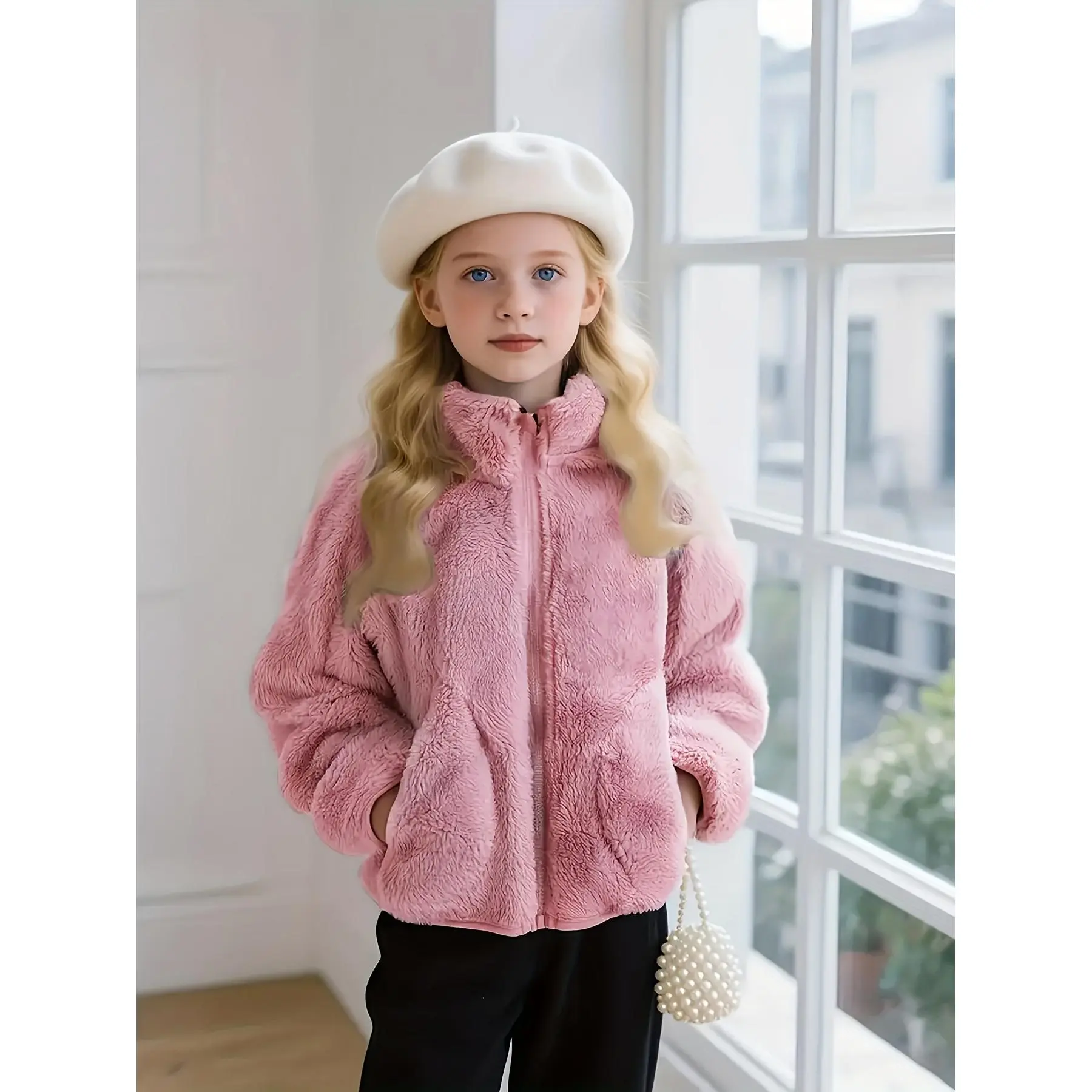 Girls' Plain Polyester Winter Jacket with Stand Collar, Thick-Lined and Double-Sided Design for Casual Wear, Ages 5-14 Years