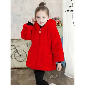 [Cozy Girls' Hooded Coat] Cozy & Vibrant Red Girls' Faux Fur Hooded Coat |       Warm Zip-Up Winter Jacket with Pockets, Cute Ear Flaps & Plush Trim, Mid-Length Casual Fall/Winter Outerwear for Youngsters & Toddlers, Autumn Winter Apparel, Playful Design,
