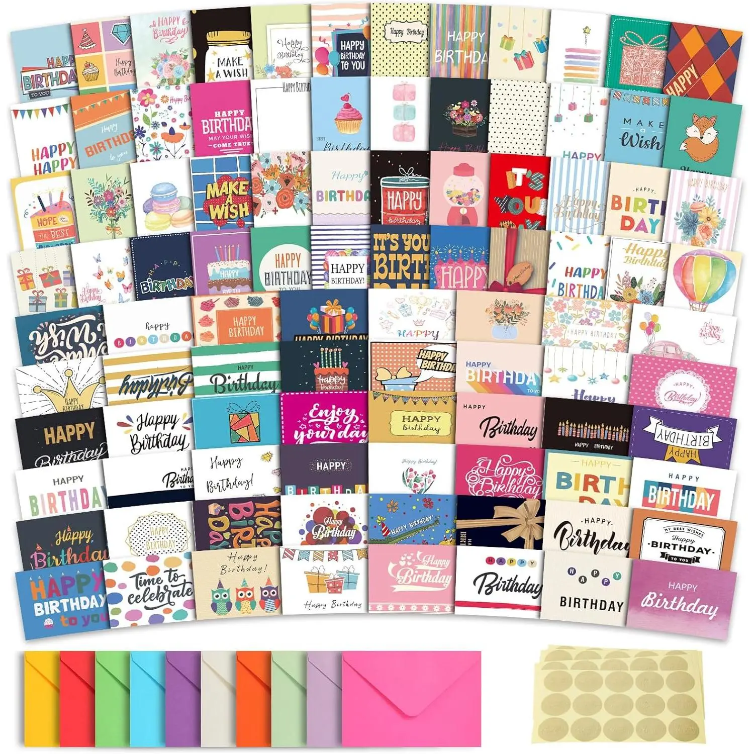 100 Unique Birthday Greeting Cards with Envelopes - Greeting Cards Assortment Box, 4x6 in, Stickers Bulk Set for Festive & Party Gifting, Assorted Greeting Cards