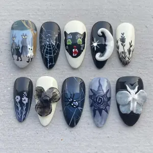 jasonj.nail Dark Gothic Cat Web Press-On Nails, Black Grey Ombre Base, Spider Web Detail, Cat Illustration Art, Moody Aesthetic, Halloween Inspired Style, Handmade Nails