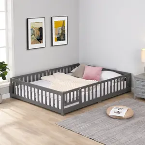 Full Size Floor Bed with Door,Solid Wood Platform Bed Frame with Fence, for Bedroom