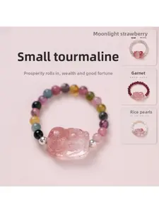 Natural Tourmaline Pixiu Ring with Freshwater Pearl Garnet Crystal Elastic Band for Good Luck and Charm