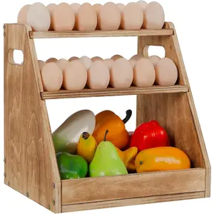 3-Tier Retractable Wooden Egg Holder, Farmhouse Countertop Egg Rack with Handle & Basket, Holds Up to 70 Fresh Chicken Duck Eggs for Home Kitchen Storage