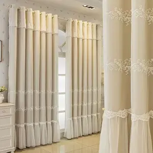 1 count New French Romantic Embroidered Blackout Curtain, Double Layer Fabric Sheer Drapes, Ruffled Design for Living Room Balcony Bedroom