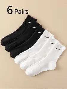 6 Pairs Mid-Calf Athletic Socks, Breathable Comfortable Sports Crew Socks, Unisex Youth Casual Student Socks, All Seasons Wear