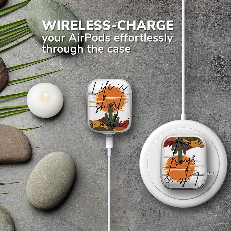 Cactus and Sundown Pattern TPU Soft Protective Case for Apple AirPods 4/3/2/1/Pro/Pro2 Transparent Earphone Cover with Keychain Attachment