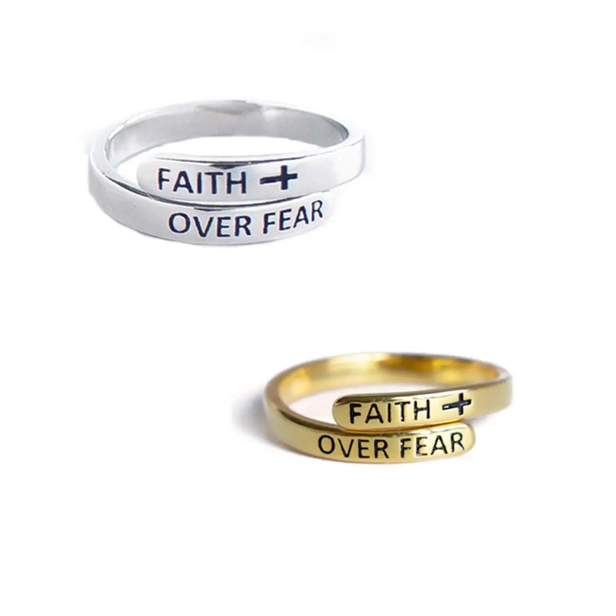 Unisex Silver Adjustable Bold Cross Engraved Metal Ring - "FAITH OVER FEAR" Encouragement Message, Artificial Gemstone Jewelry Rings for Strength, Daily Wear, Metal Rings