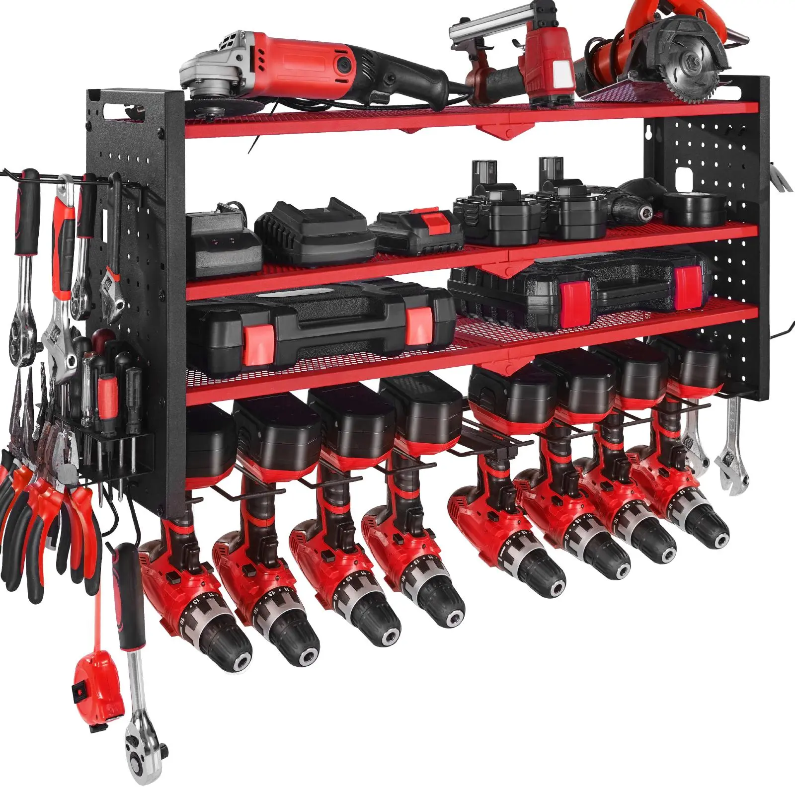 VEVOR Carbon Steel Wall Mount Power Tool Organizer, Multi-Tiered 4-Layer Storage Rack with 8 Drill Holders, Side Pegboards, Adjustable Shelves, 60 lbs Per Tier, 32.87x8.66x16.54 in for Garage Workbench