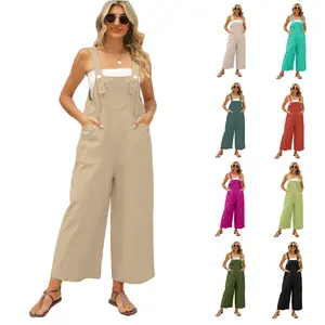 Molitree Summer Cotton Linen Bib Overalls Women Baggy Sleeveless Wide Leg Jumpsuits with Pockets Casual Womenswear Minimalist Apricot