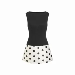Cider Colorblock Boat Neck Polka Dot A-line Mini Dress Dealsforyou