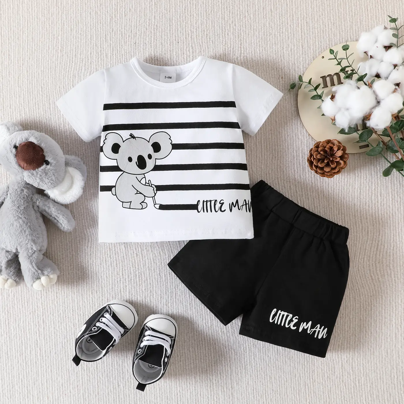PatPat 2pcs Baby Boy 95% Cotton Bear & Stripe Print Short-sleeve Tee and Letter Print Shorts Set